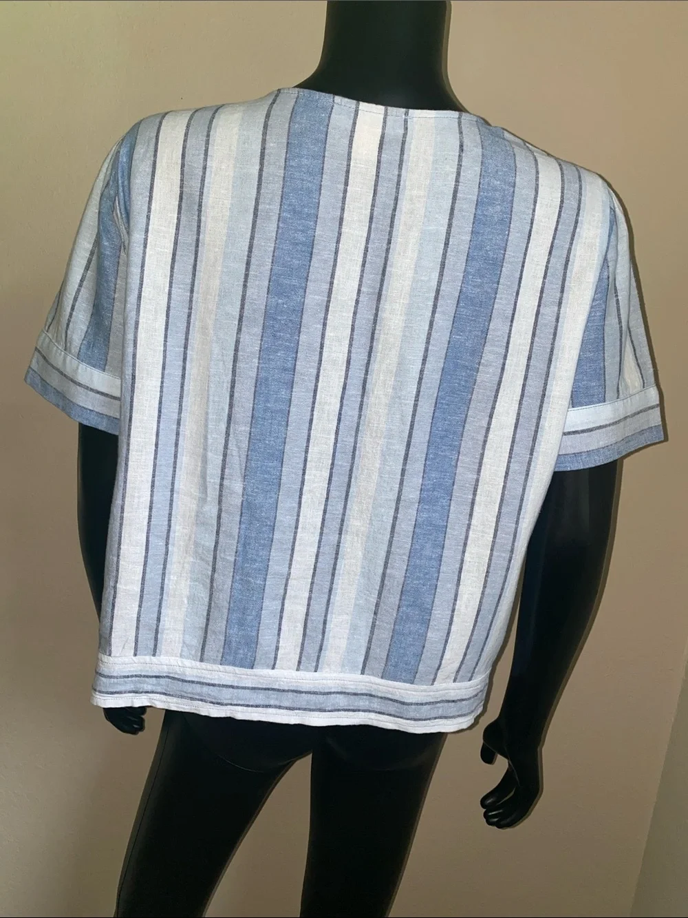 Michael Kors Blue and White Striped Tie-Front Button Linen Blend Blouse